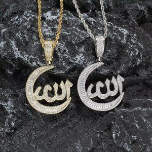 14k Gold Plated Iced Out Baguette CZ Islamic Moon Sign Allah Pendant Necklace